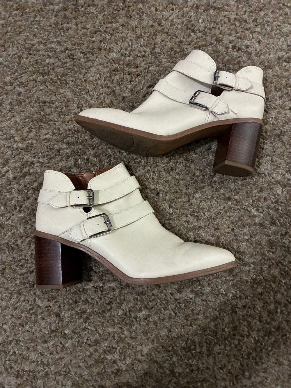 Franco Sarto Argo Booties Ivory Pointed Leather Ankle Booties with Buckle Straps
